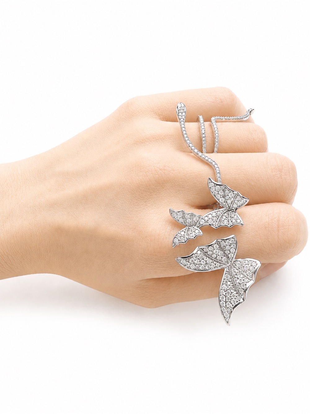 Silver Crystal Butterfly Multi-Finger Ring